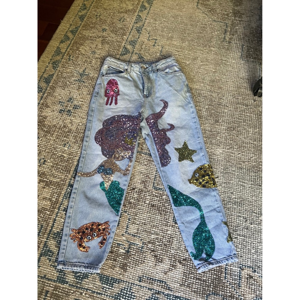 Topshop Mermaid Sequin Jeans Light Wash Ocean/Sea Life  Whimsical Art to Wear